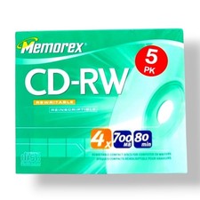 Vintage Memorex CD-RW 5 Pack Sealed 700MB 80 Min 4X Speed 2004 Retro Computing