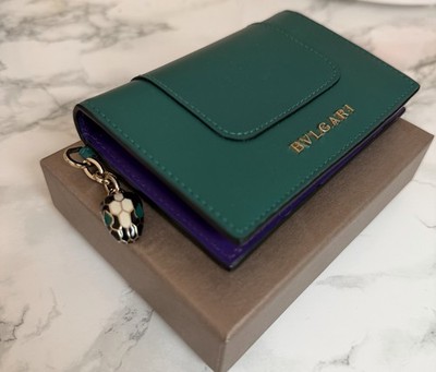 Bvlgari Serpenti Leather Wallet Emerald Green Purple Interior Gold Charm w/ Box