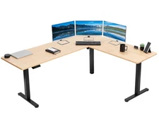 VIVO Bamboo / Black Electric 75" x 63" Corner Desk Workstation