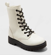 Art Class Combat Boots Khari Girls Sz 1 Ivory Black Lace Up Zip Chunky NWT