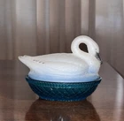Fenton Glass Swan on Nest Frit White Lid with Ice Blue Bottom 5" Made in USA