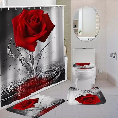 Rose Shower Curtain Set Non-Slip Rugs Bath Mat Toilet Lid Cover Hot Hot