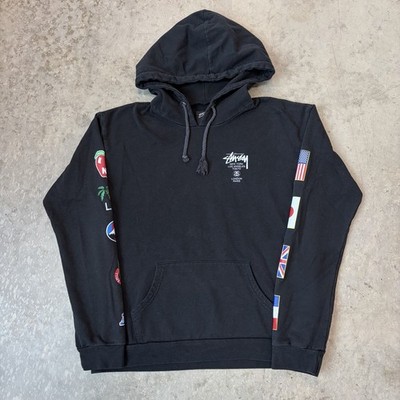 Stussy World Tour Flags Hoodie Sweatshirt Black Pullover Graphic Women s Medium