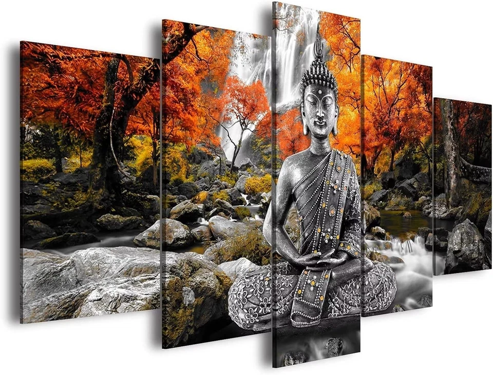 Arte de pared de Buda enmarcado de 5 paneles - Decoración de paisaje Zen 40"x20" Foto 3 de 4