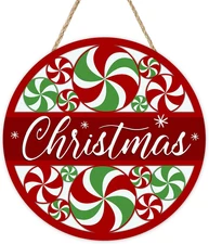 Christmas Peppermint Candy Front Door Sign, Red Green Xmas Snowflake Wood Hanger
