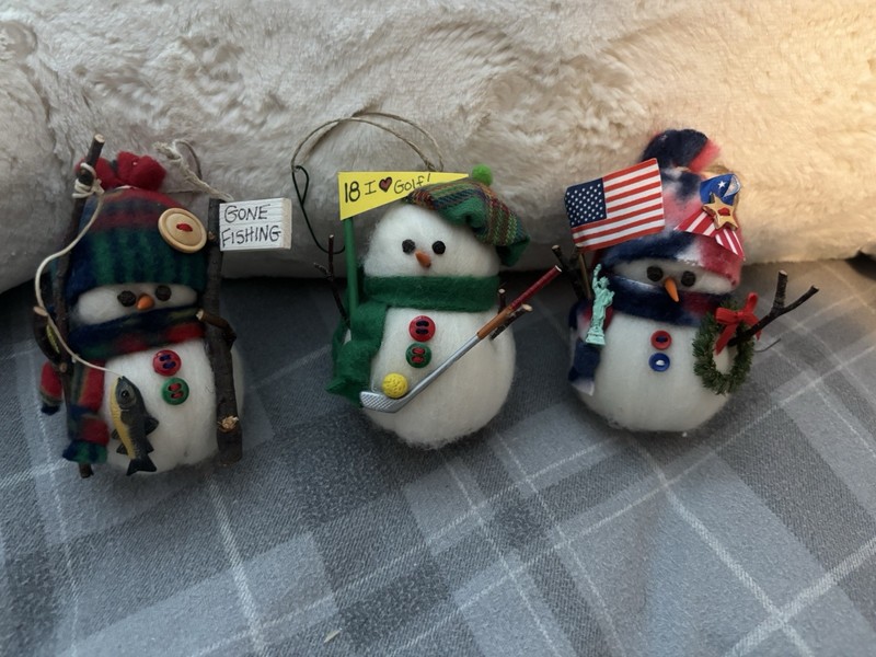 Vtg Set of 3 Handmade Plush Snowman Christmas Ornaments 4"  Stick Arms Patriotic