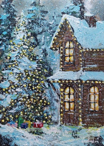 Christmas Oil Painting. Winter bright holiday lights and warm festive atmosphere - Picture 2 of 10