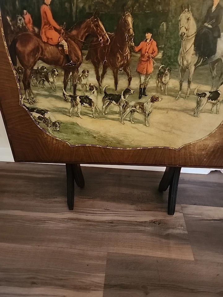 Mesa de cartas plegable vintage, juegos, la caza, arte chimenea, caballos, zorro Foto 3 de 4