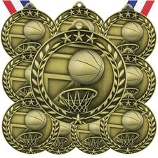 Basketball Gold Medals Trophy Award with Neck Ribbons WAMG-903 - Pack of 10