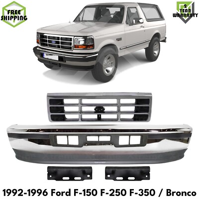 Front Bumper Chrome & Grille Assembly Kit For 1992-1996 Ford F-150 F-250 F-350