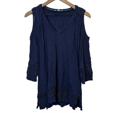 DR2 Women’s Cold Shoulder 3/4 Sleeve Flowy V-neck Top Navy Blue Size Medium