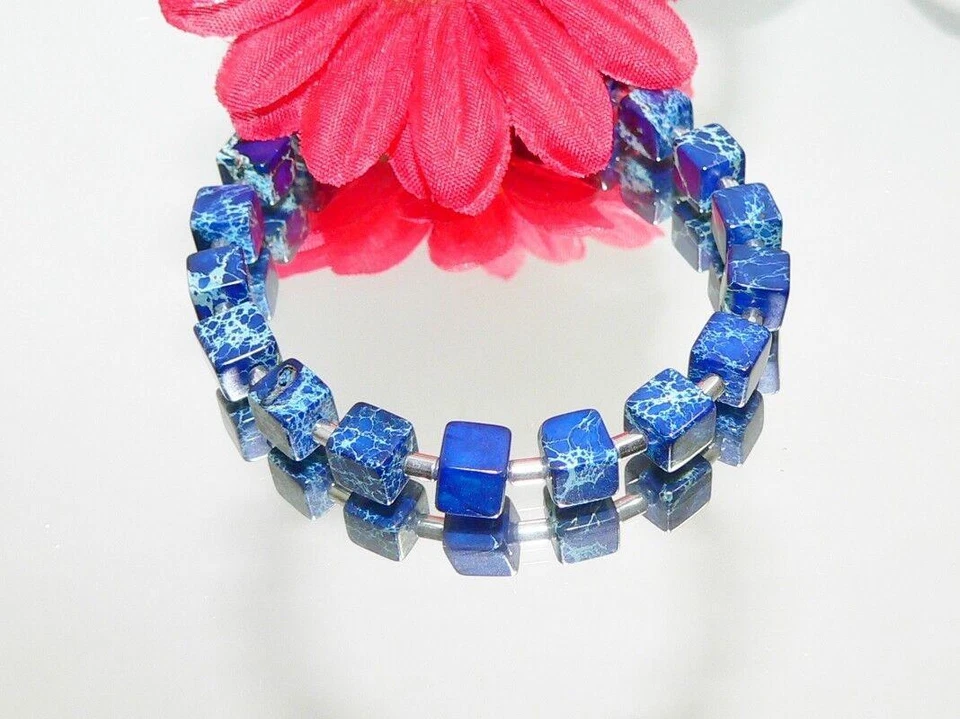 Armband Schmuck,- Edelstein Würfel Jaspis dunkelblau blau Hämatit silber 213b - Bild 3 von 4