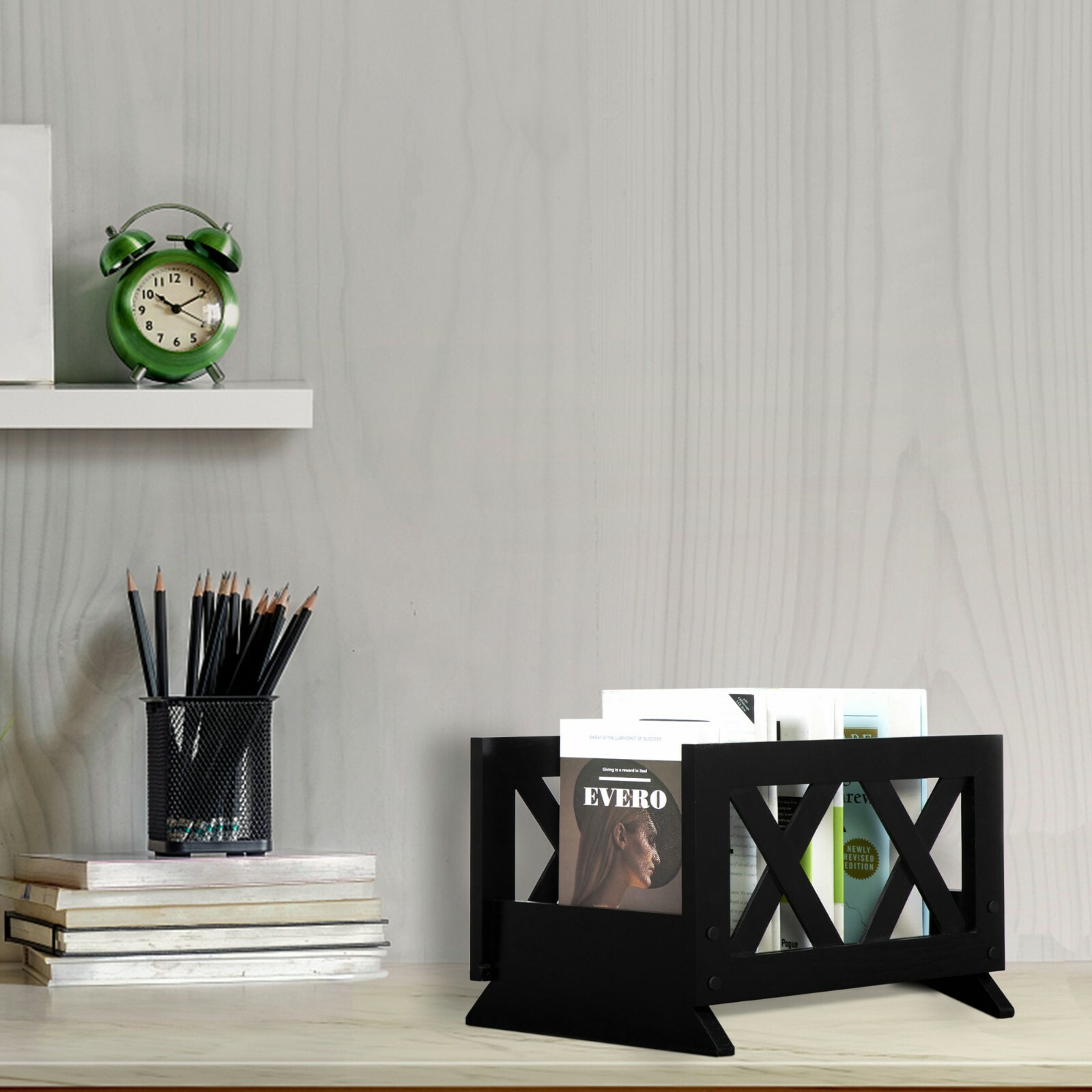 Black Office Home Magazine Rack Tabletop Book Holder Wood File Storage