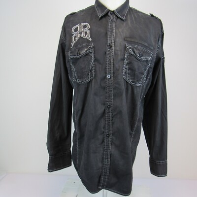 ROAR Shirt Men's XL Dark Black Embroidered Long Sleeve Button Up Distressed