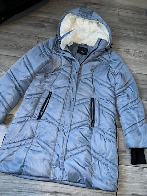 Damen Steve Madden Puffer Mantel, Größe M, blau, Sherpa gefüttert, Kapuze lang (67)