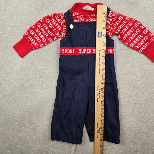 Vintage Baby Overalls Outfit Boys 6 Months Jumper USA 70s Sport Blue Red Retro - Picture 4 of 9