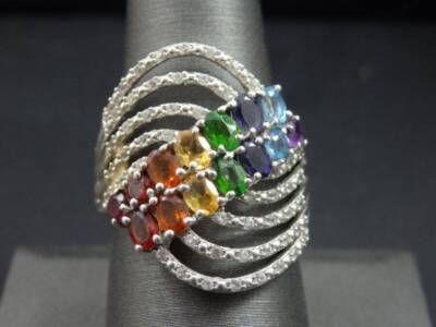 Gem Treasures Multi Gemstone Wite Zircon Multi-Row Wave Ring - Size 9