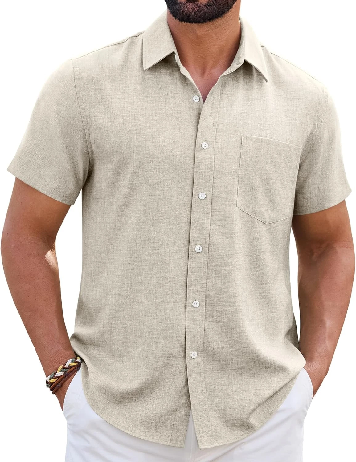 Mens Linen Shirt Short Sleeve Wrinkle Free Casual Untucked