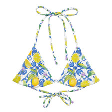 Vintage Lemon Floral Custom Print Blue Yellow String Bikini Top Sz 2XS-6XL