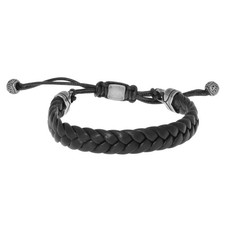 Stainless Steel and Black Braided Genuine Leather Bracelet with Drawstring