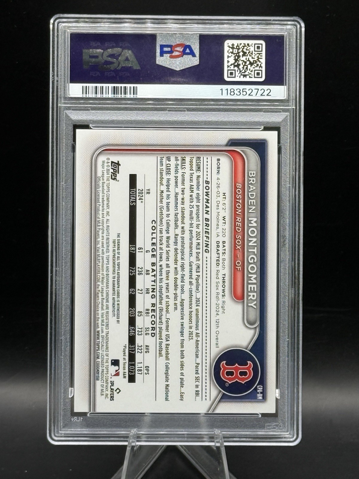 2024 Bowman Sapphire Braden Montgomery Chrome Prospects Auto Orange /25 PSA 10 view 2