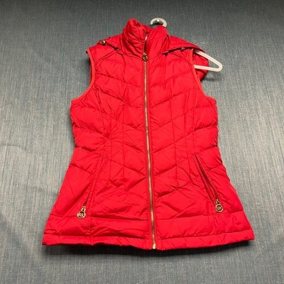 Michael Kors Women's Puffer Vest Size XS Red Hood Quilted Sleeveless Zip Jacket