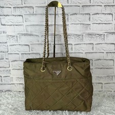 Prada Khaki Nylon Tote Bag Shoulder Bag Chain Triangle Logo Used