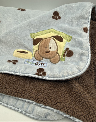 Carters Baby Blanket Just One Year Dog Gone Cute Blue Puppy Paws Brown Sherpa