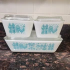Complete Set Vtg 4 Pyrex Amish Butter print Refrigerator Dish 501 502 503 + Lids