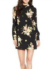 Leith Womens Black Floral Print Mini Dress, Long Sleeve, Open Back, Size medium