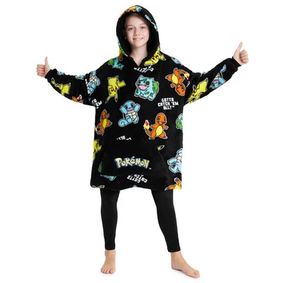 POKÉMON Pokemon Oversized Hoodie Blanket for Kids, Pikachu Gifts for Boys (Black AOP)