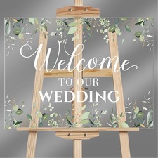 Welcome Wedding Sign - 24 x 18 Inch Acrylic Greenery Eucalyptus Sign for Wedd...