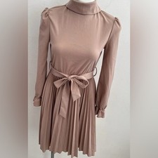 Shein Rose Tan Pink Belted Pleated Mock Neck Fit Flare Dress Large 8 10 (A5)