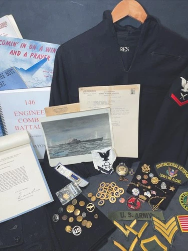 Military MIXED LOT - WW2 Era Navy Uniform, Pins, Patches, Pocket Watch, Docs $$$