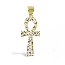 10K Yellow Gold Egyptian Ankh Cross Pendant Religious Mens CZ Charm
