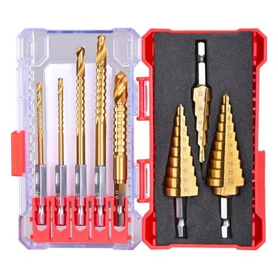 3 Pcs Step Drill Bits & 5 Pcs Jobber Drill Bits Set - Titanium-Plated HSS Hex...