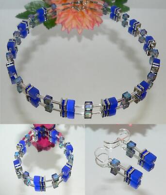 3er Schmuckset Armband Kette Armband Cube Cat Eye Royal blau Glas Strass 507a