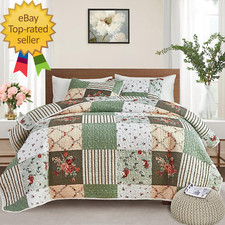 Patchwork Quilt Set Full/Queen Size 3 Pieces Green Floral Plaid Summer Bedspread