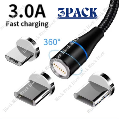 3 PACK Magnetic Phone Charger Fast Charging Cable For Micro USB/Type C/ iPhone