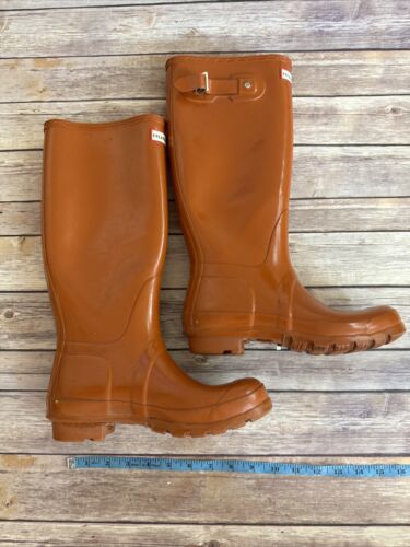 Hunter Original Refined Gloss Tall Rain Boots Orange Rubber Riding Womens 7