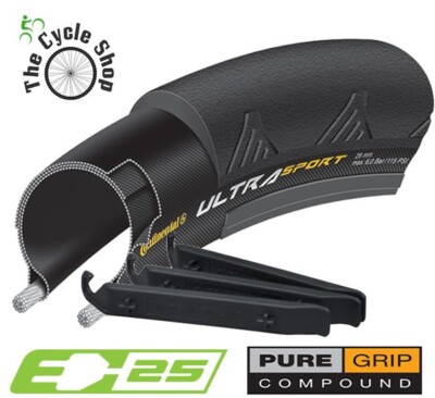 Continental Ultra Sport 700 x 28c Black Bike Tyre Plus Levers E25