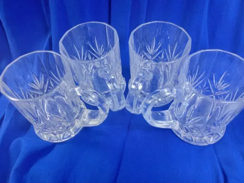 Crystal Coffee Mugs Cups Set of Four 8 Oz Curved Flat Handles Cut Glass Design
