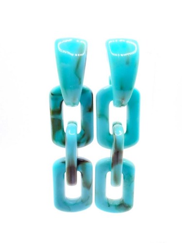 GORGEOUS Chunky Blue Brown Marble Resin Lucite Links Chain Dangle Post Earrings - Picture 5 of 8