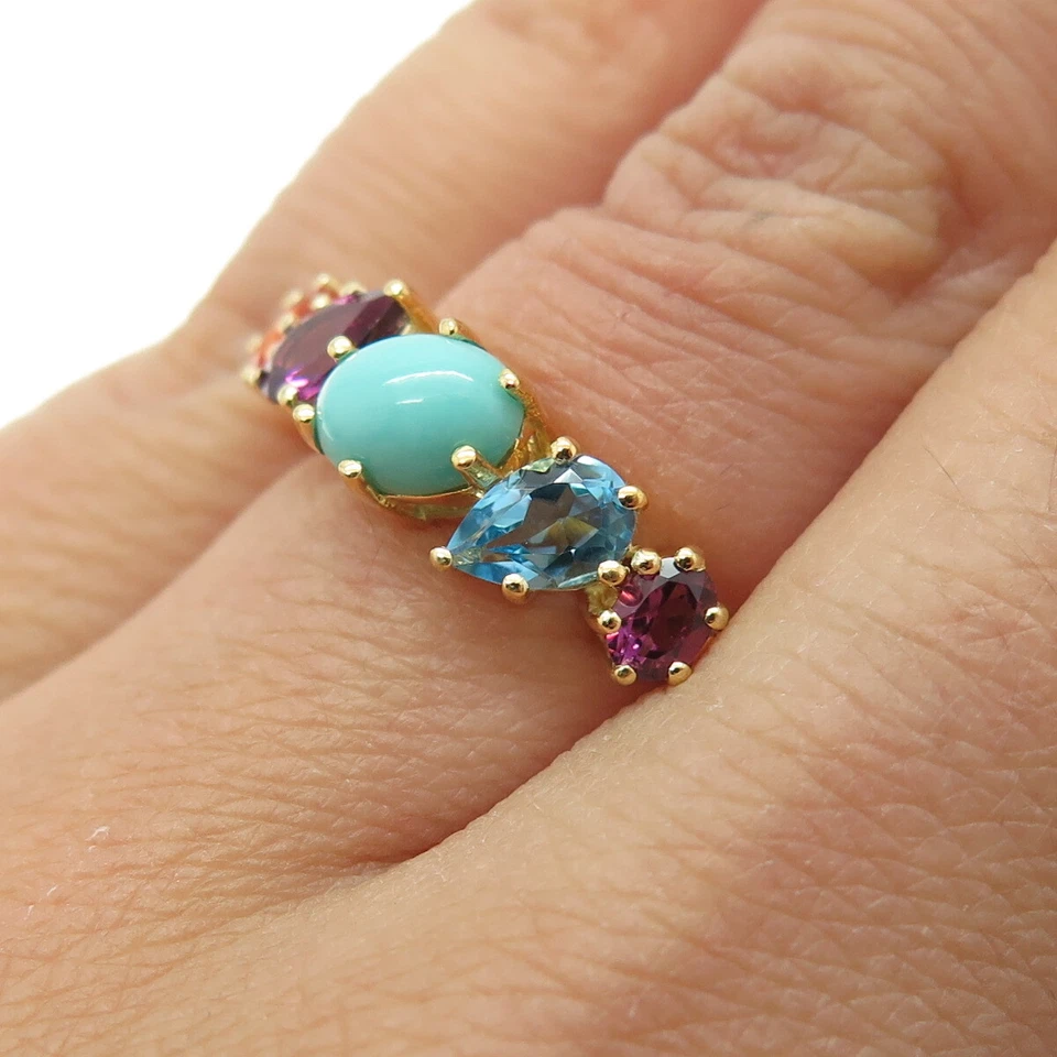 925 Sterling Silver Gold Plated Turquoise Opal Topaz Tourmaline Ring Size 5.25 - Image 2 of 4