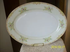 Royal Derby Vintage Oblong large Serving Platter Tan & Green Border Floral Spray