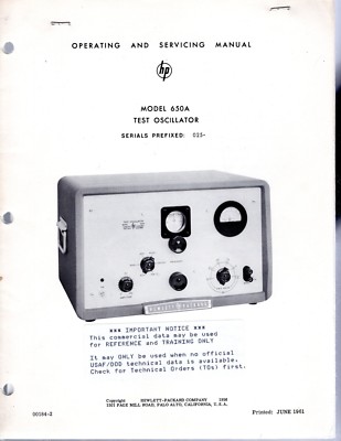 Original Hewlett Packard 650A Test Oscillator Operating&Service Manual