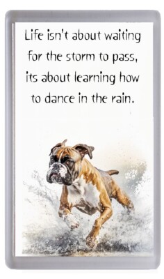 Boxer Hund Kühlschrankmagnet ''Dancing in the rain'' Gedicht