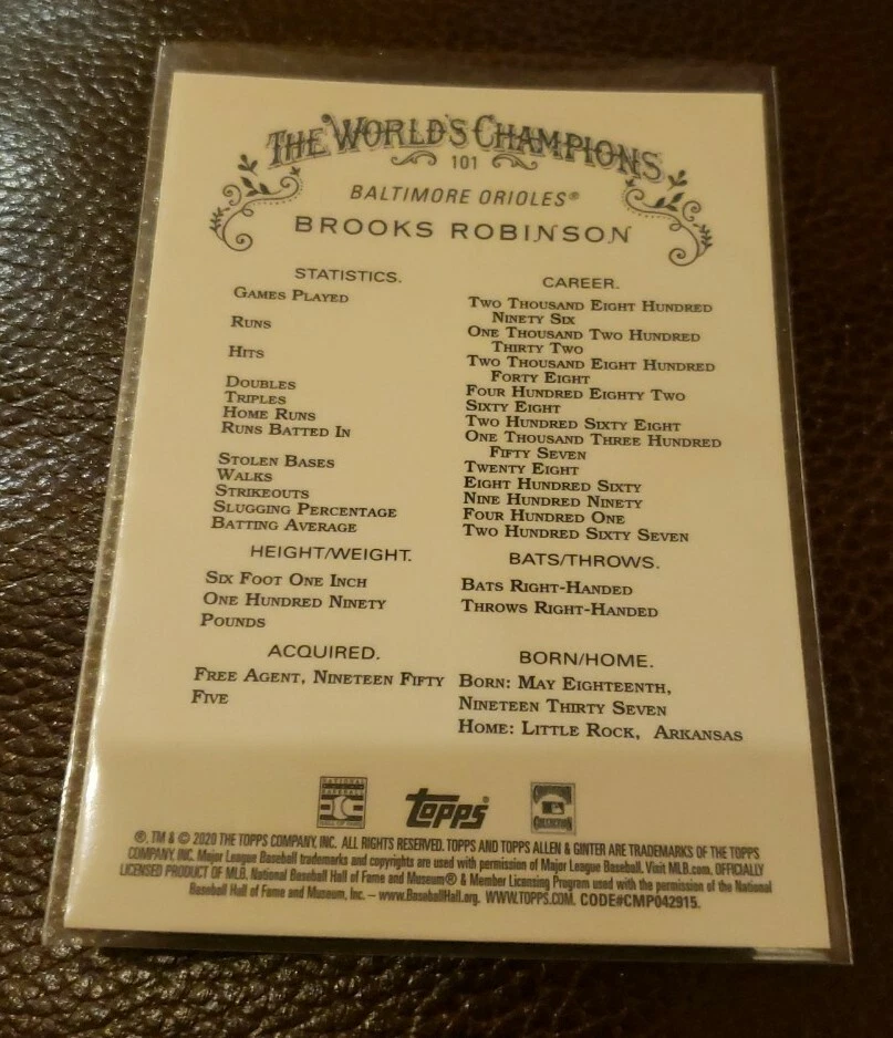 2020 Topps Chrome Allen Ginter #101 Brooks Robinson Base Card Baltimore Orioles  - Image 2 of 2