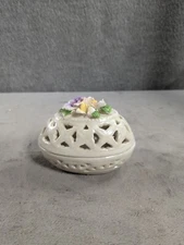 Greenbrier International Lattice Flower Iridescent Porcelain Trinket Box Egg