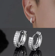 Men Women White Gold Micro Pave CZ Round Hoop Huggie Earrings 3x12mm gift PE50